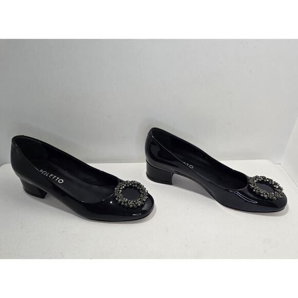 Poletto Charcoal Gray Patent Leather Heels Pumps Rhinestone Medallion Size 36 - Picture 1 of 12